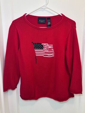 Liz Claiborne Vintage American Flag Red Knit Crewneck Sweater 3/4 Sleeves L
